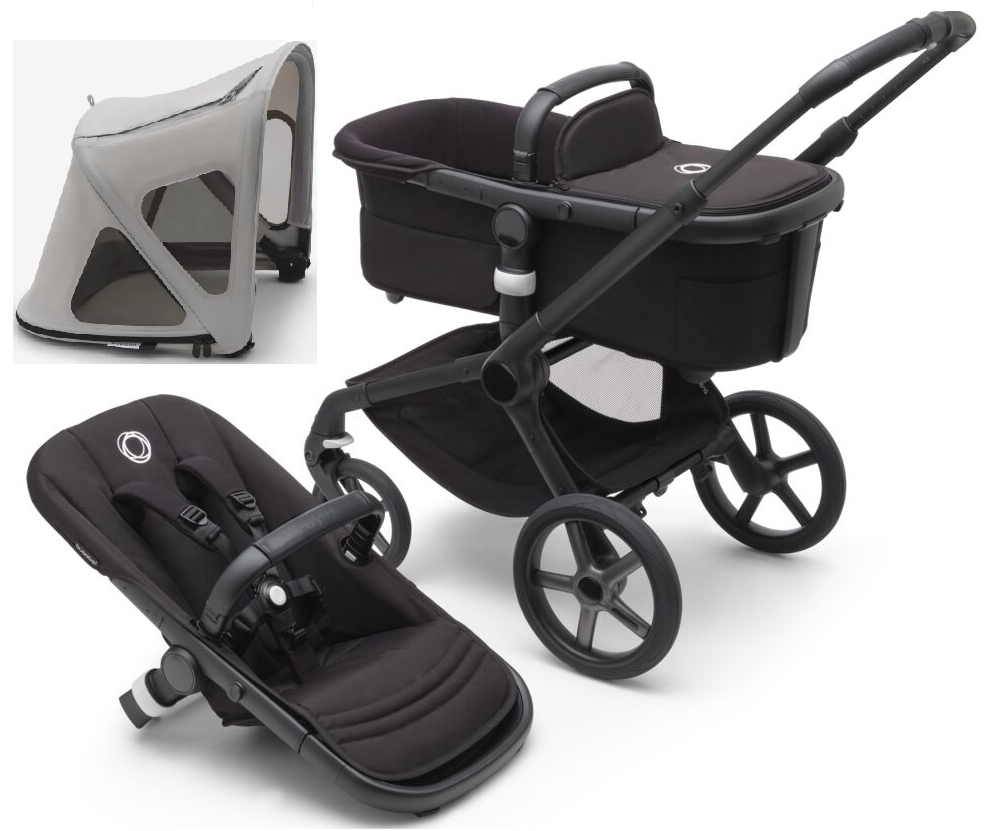 Bugaboo Fox 5 Midnight black Bērnu rati 2in1 Melns rāmis + Jumts Breezy Misty Grey