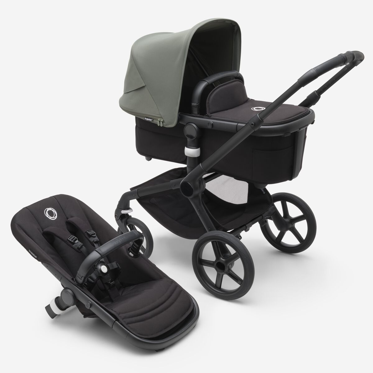 Bugaboo Fox 5 Midnight black Bērnu rati 2in1 Melns rāmis + Jumts Forest Green