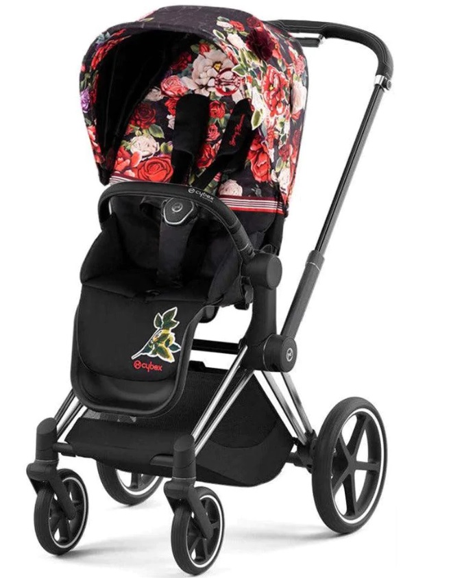 Cybex e-Priam Spring Blossom Dark Chrome black frame Pastaigu rati