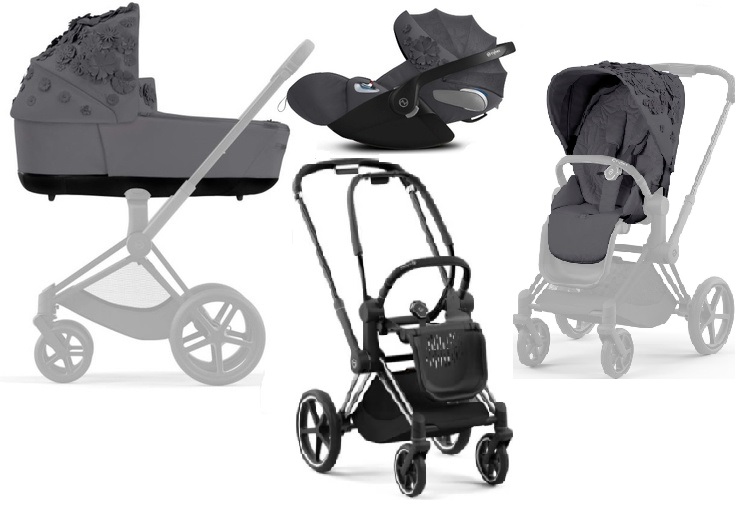 Cybex Priam 4.0 + Cloud Z2 I-size Chrome black frame Dream Grey Simply Flowers Bērnu rati 3in1