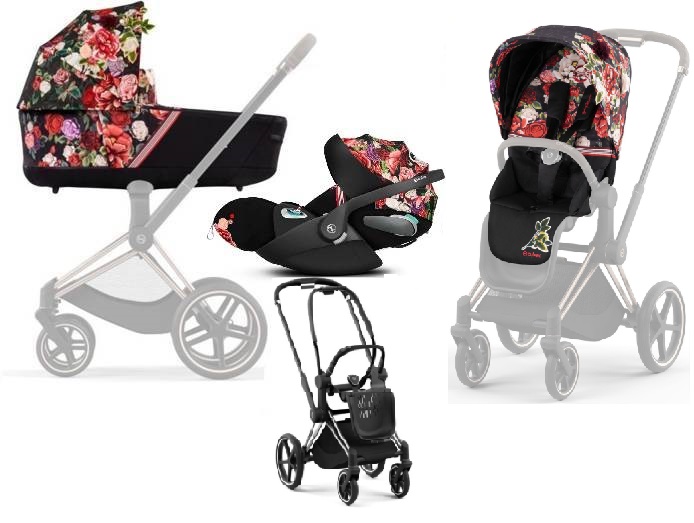 Cybex Priam 4.0 + Cloud Z2 I-size Chrome black frame Spring Blossom Dark Bērnu rati 3in1