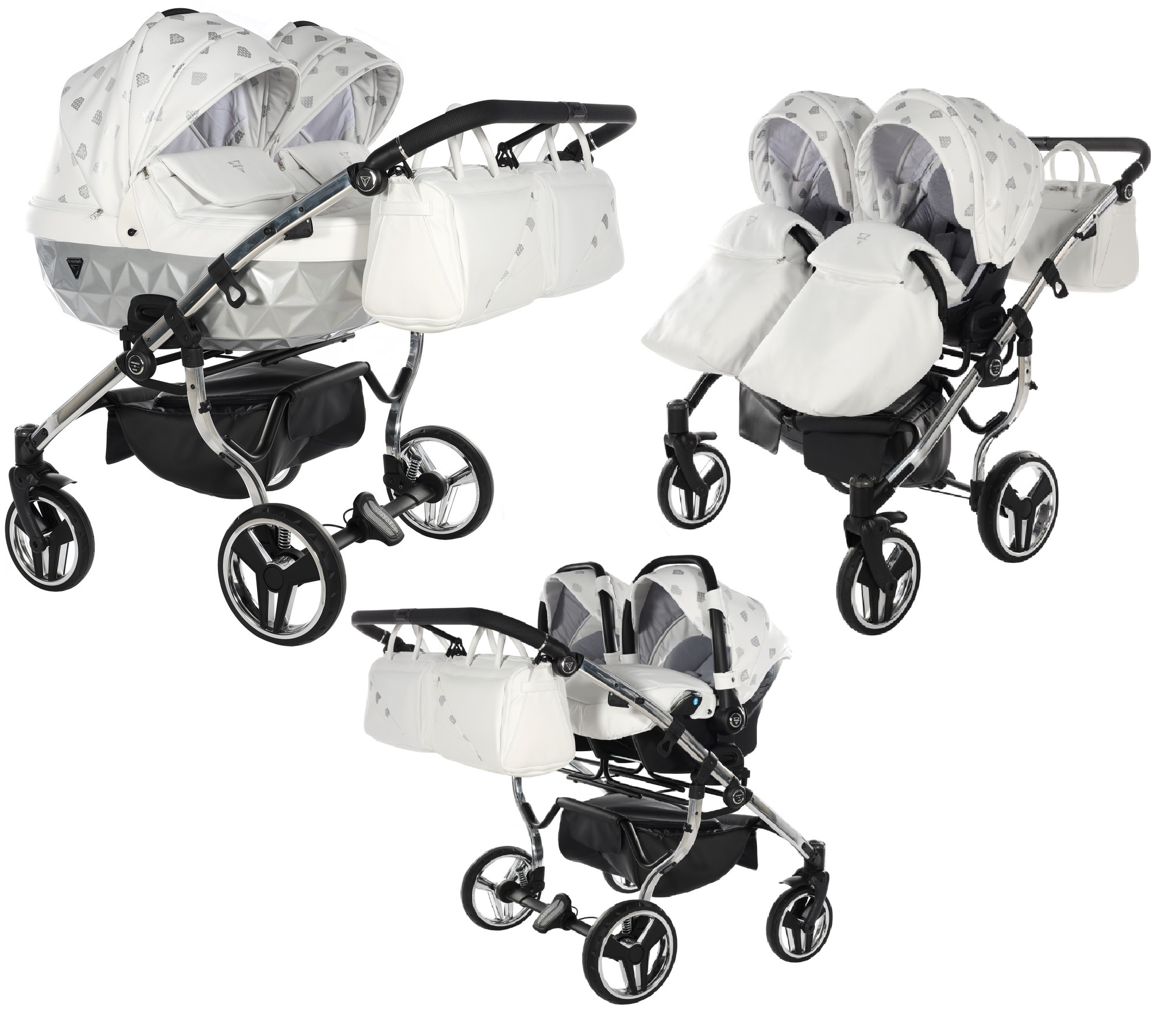 Junama Glow Duo 03 White Silver Dvīņu rati 3in1