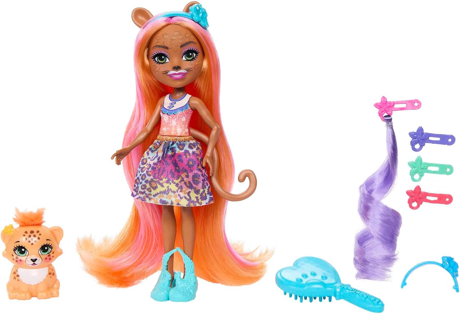 Mattel Enchantimals Glam Party Charisse Cheetah Grinsy HNV30 + 5 Accessories Lelle ar dzīvnieku