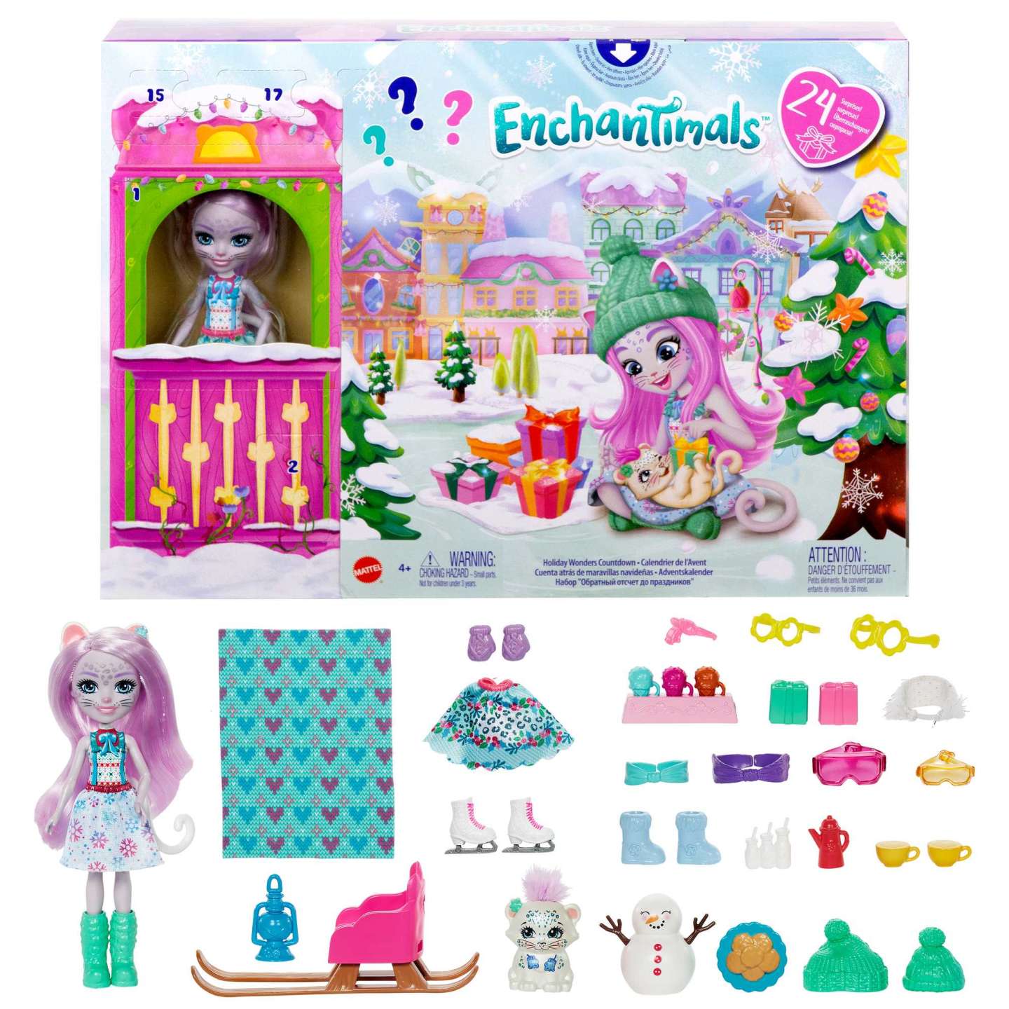 Mattel Enchantimals Holiday Wonders Countdown Advent Calendar Sybill Snow Leopard Adventes Kalendārs + Lelle