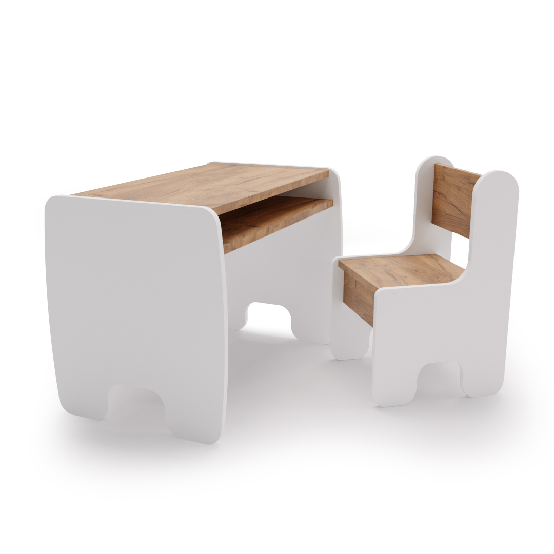 Children's table + chair set - white/oak craft gold colour