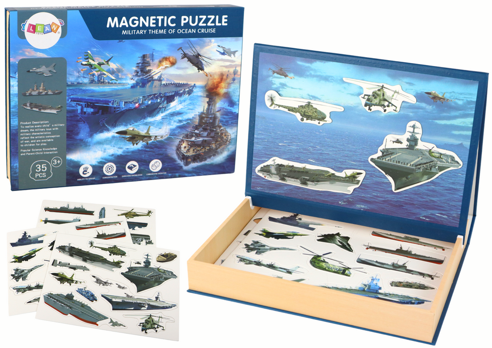 A set of educational magnetic puzzles with a military ship motif