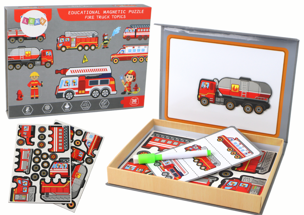 A set of magnetic puzzles with a fire truck motif