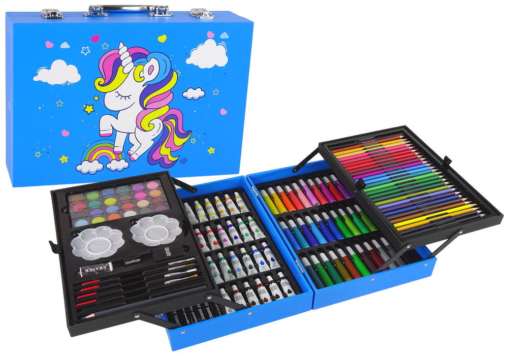 CHILDREN'S ART SET OF 145 PIECES  In a pink case with a unicorn