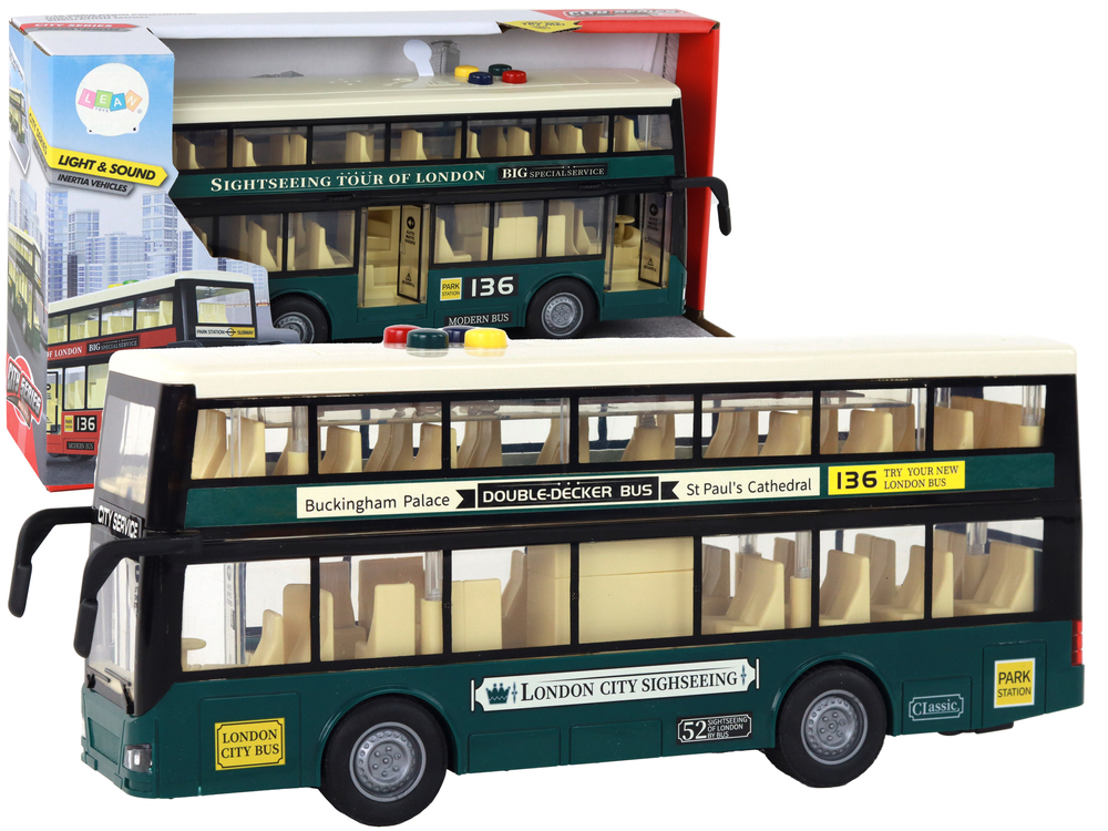 Double Decker Bus Lights Sounds Friction Drive Dark Green 1:16