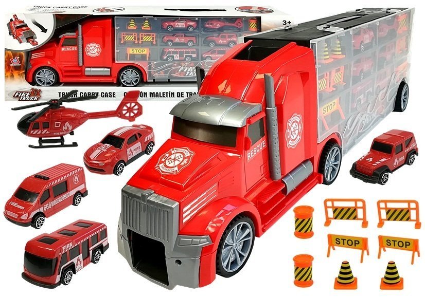 Fire brigade truck Sorter Suitcase with cars Helicopter Red