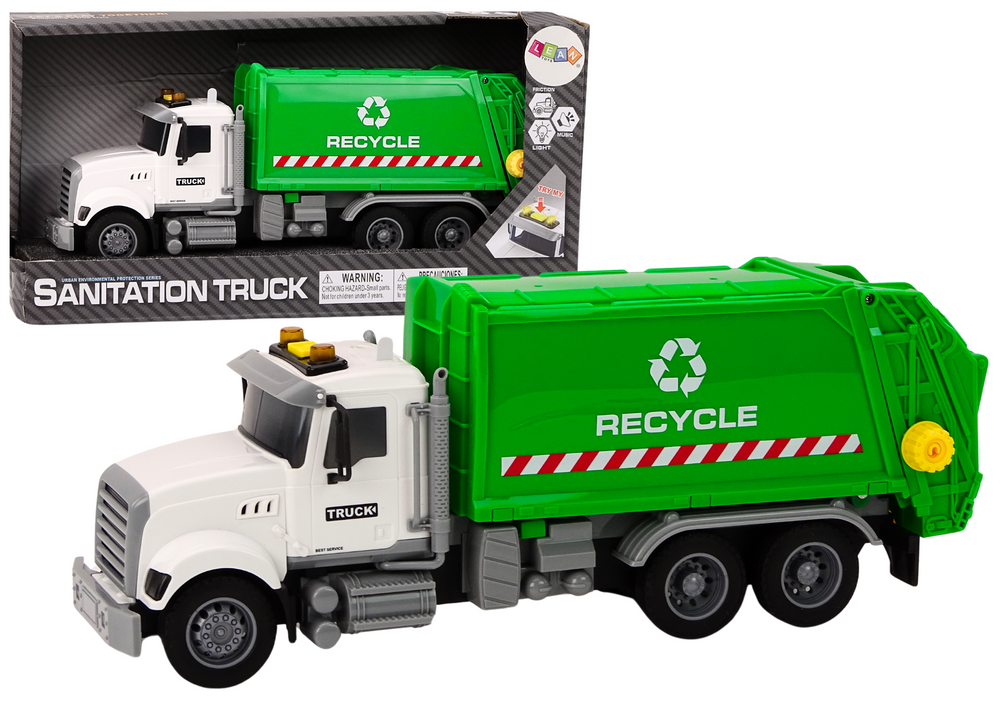 Garbage truck Garbage bins Lights Sounds Drive White and green