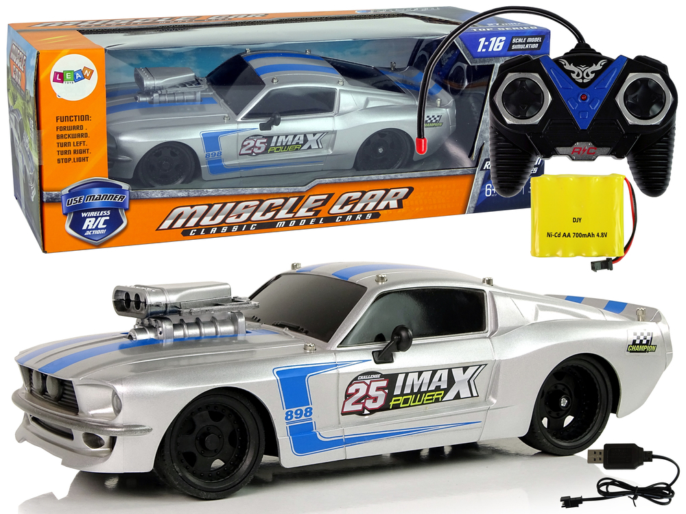 R/C Sports Car 1:16 Silver Blue Stripes Pilot