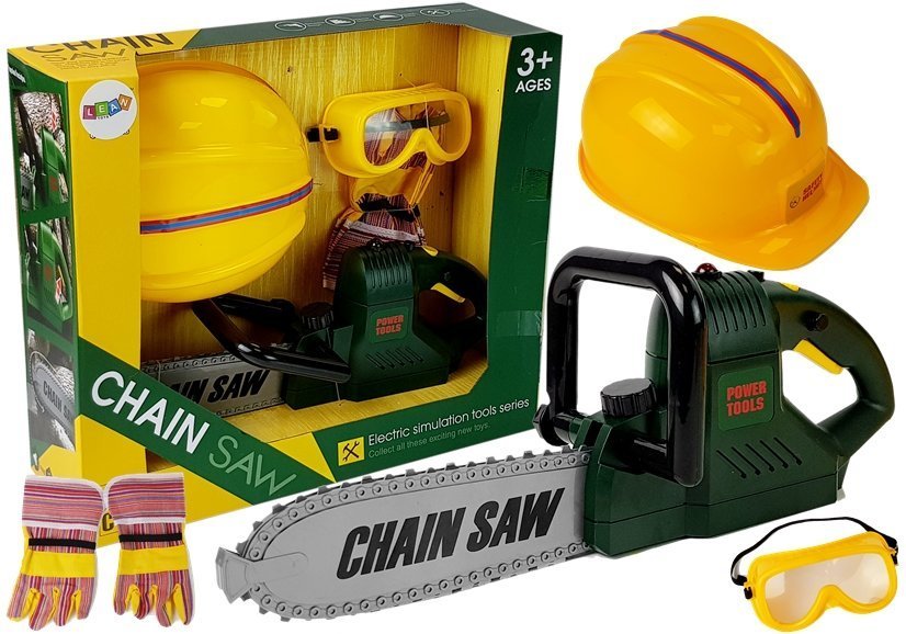 Set of tools, saw with batteries, helmet, gloves and safety glasses