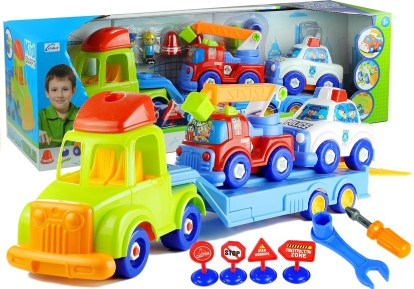 Set of vehicles Police Fire Engine Auto Transport Trailer Unscrewing