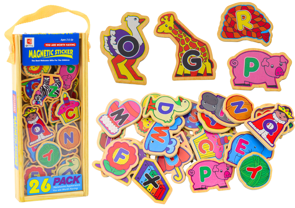 Set of Wooden Magnets Letters Pictures Animals Objects 26 Pieces