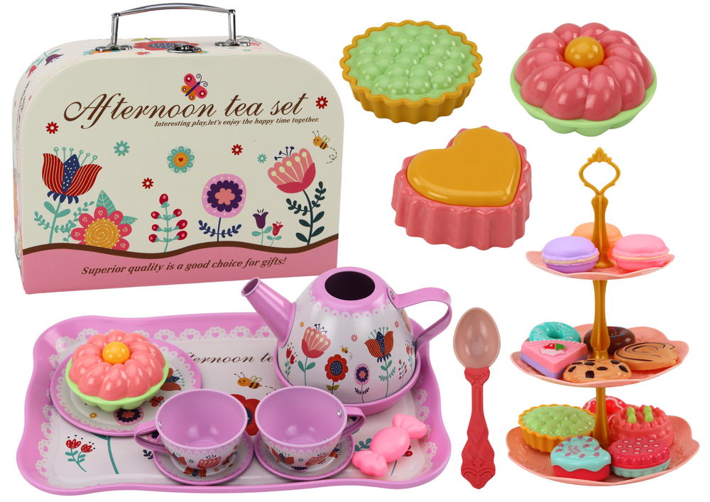 Tea set in a suitcase, cups, plates, cake stand