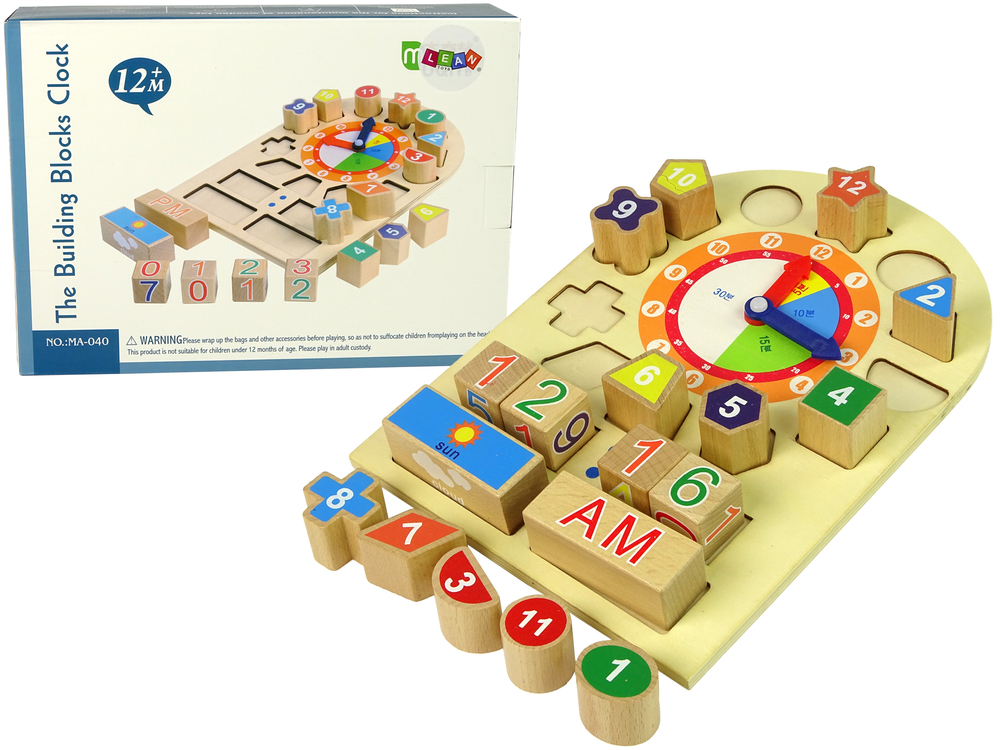 Wooden Educational Clock Sorter Coloured Numbers Blocks