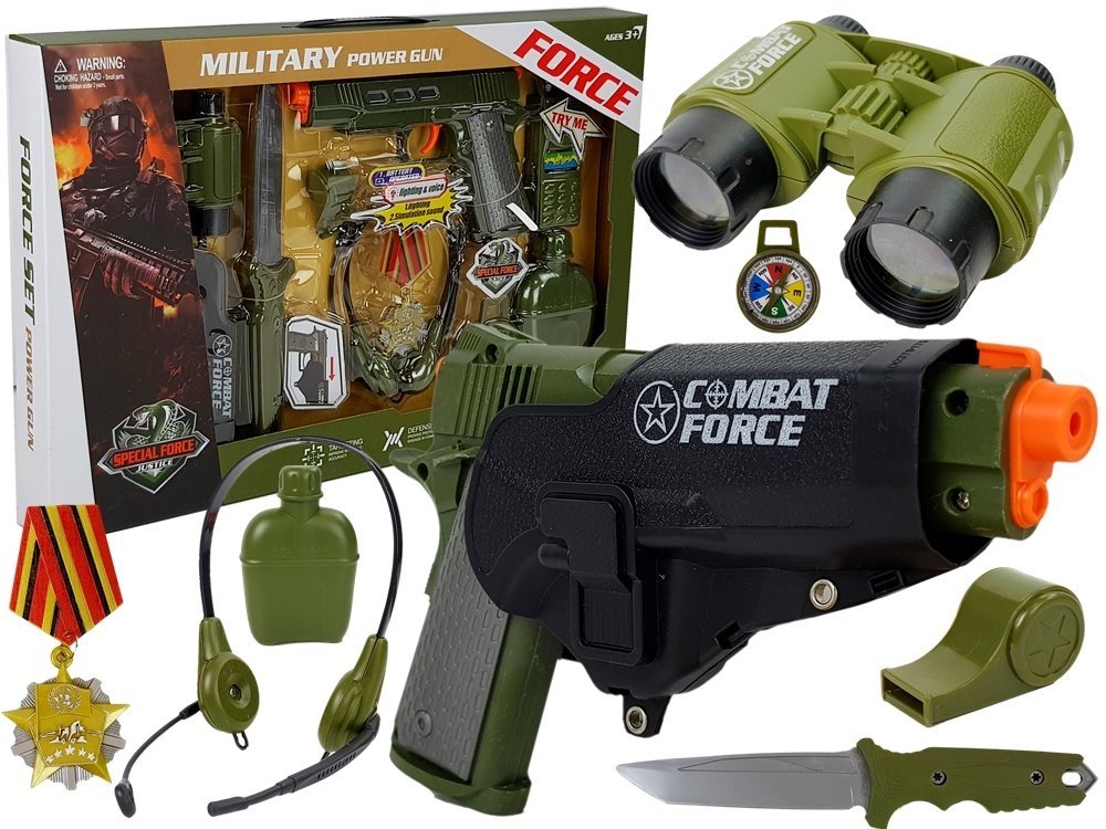 Army Set with Accessories Gun Knife Binoculars Headphones Whistle Shortwave Radio