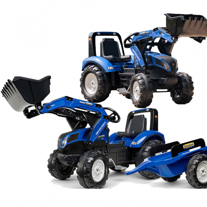 Traktors ar pedāļiem ar kausu un piekabi FALK New Holland Blue