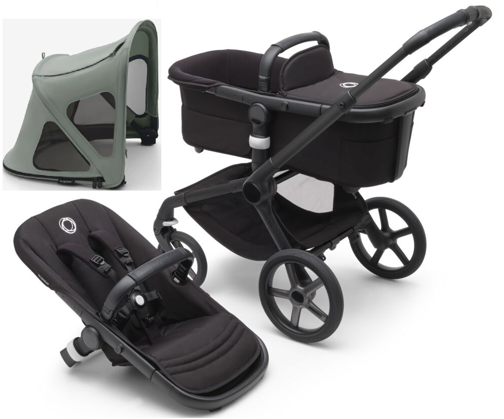 Bugaboo Fox 5 Midnight black Детская коляска 2в1 Черная рама + Крыша Breezy Pine Green