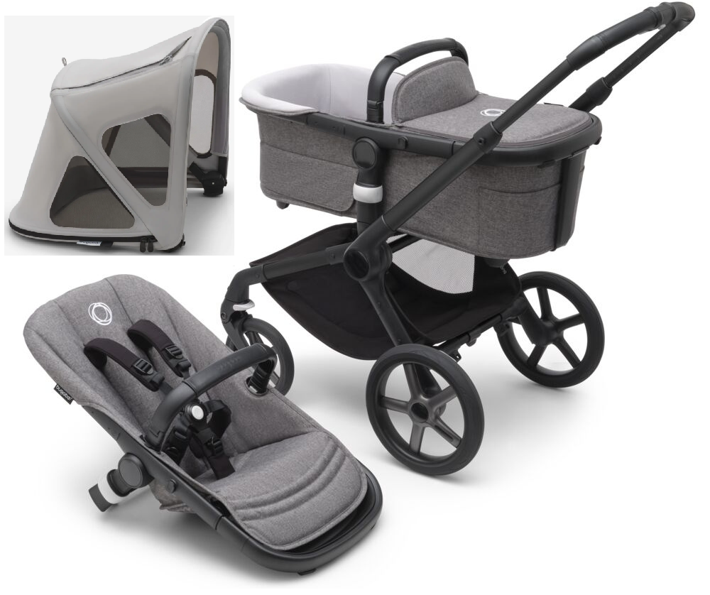 Bugaboo Fox 5 Grey Melange Детская коляска 2в1 Черная рама + Крыша Breezy Misty grey