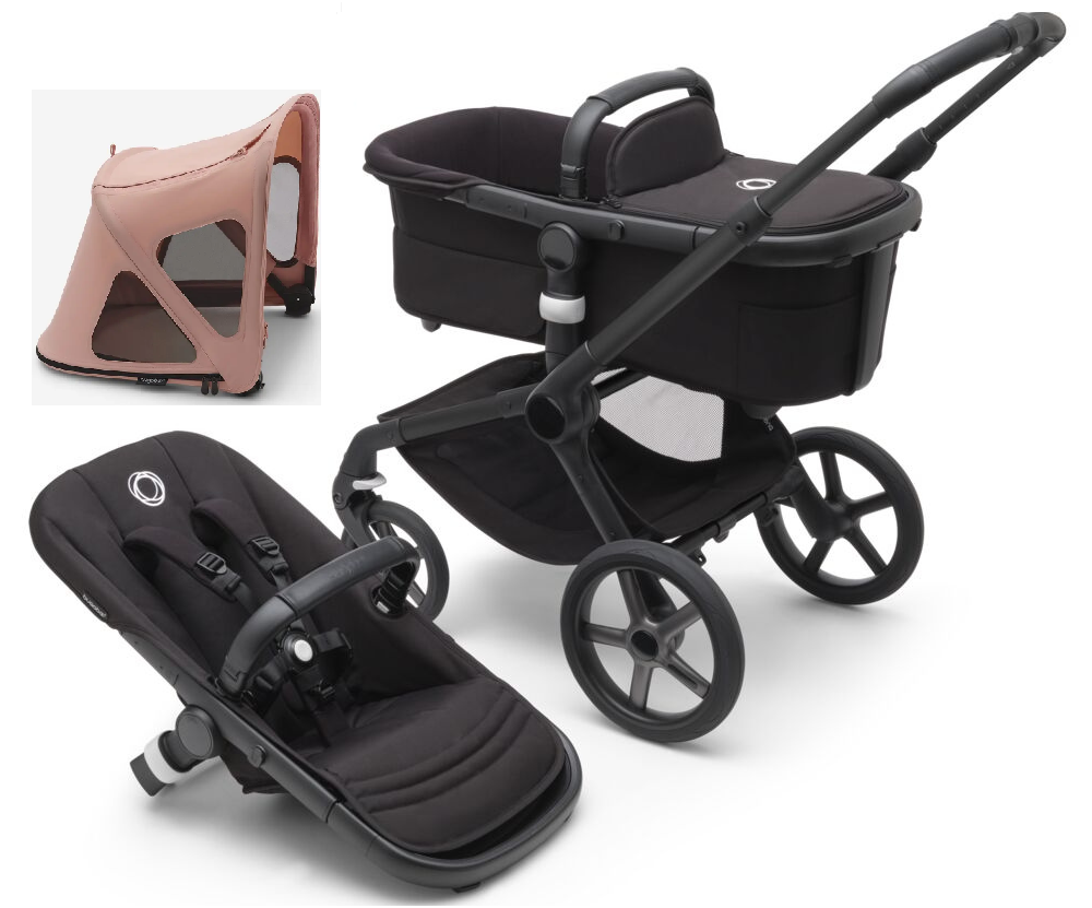 Bugaboo Fox 5 Midnight black Детская коляска 2в1 Черная рама + Крыша Breezy Sandy Pink