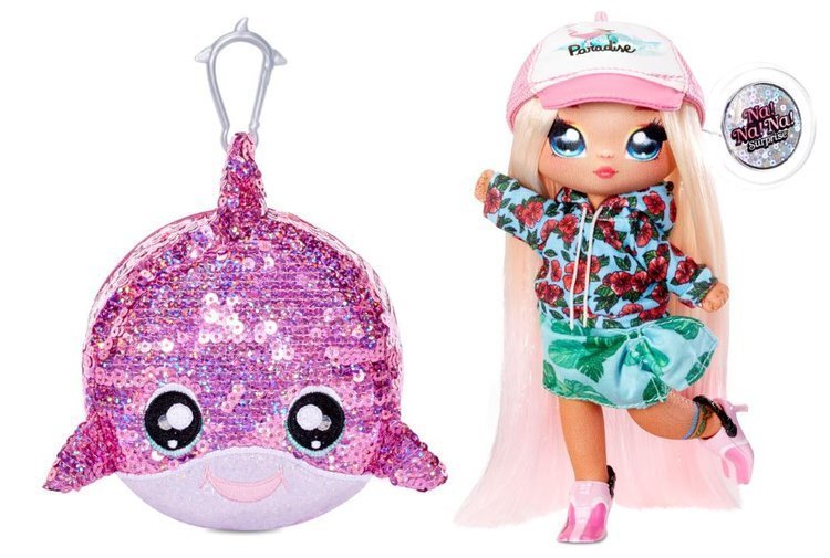 Na! Na! Na! Surprise 2-in-1 Fashion Doll Surfer Krysta Splash & Plush Pom with Confetti Dolphin