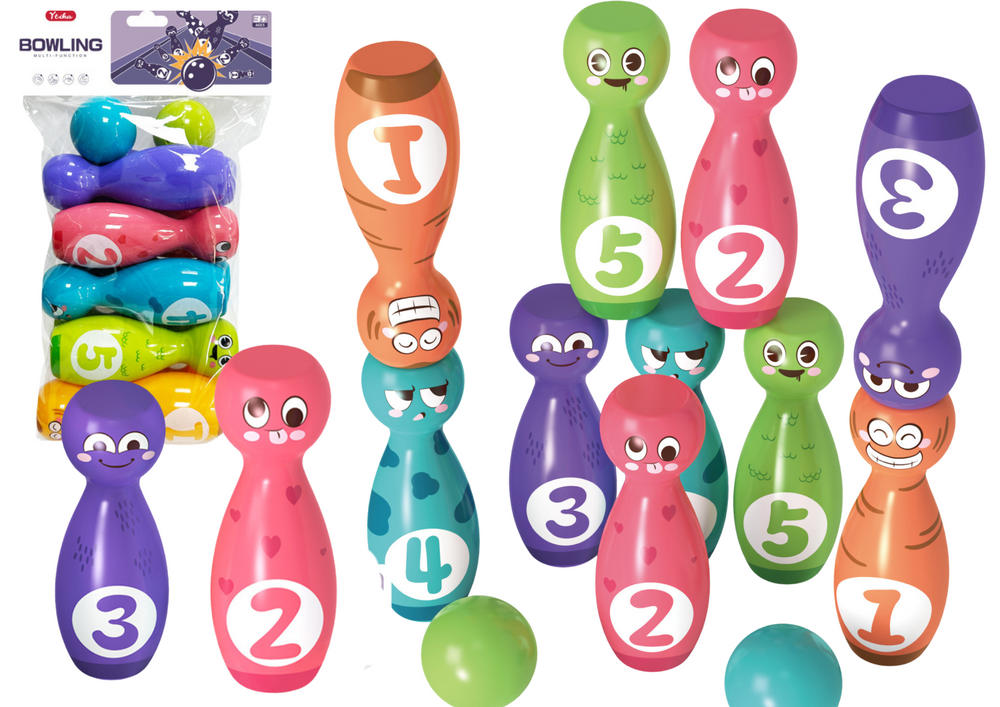 Bowling Set Smiley Balls Colored 10pcs