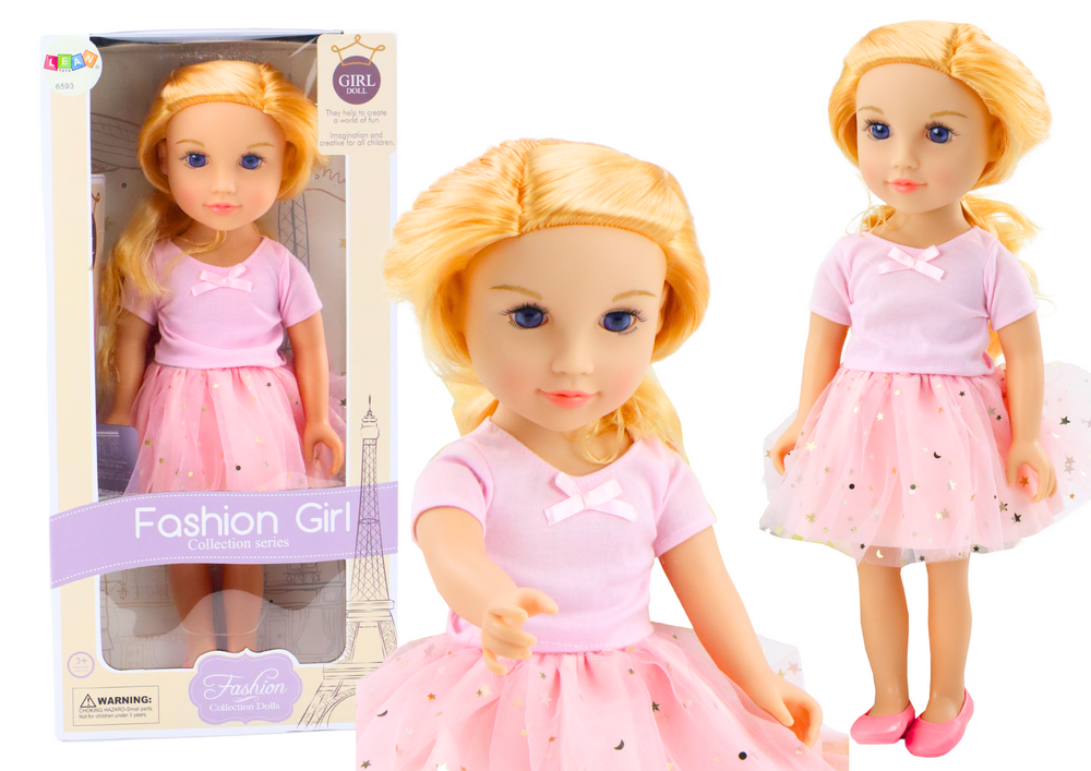 Doll in a dress with tulle, pink, blonde hair, 18'