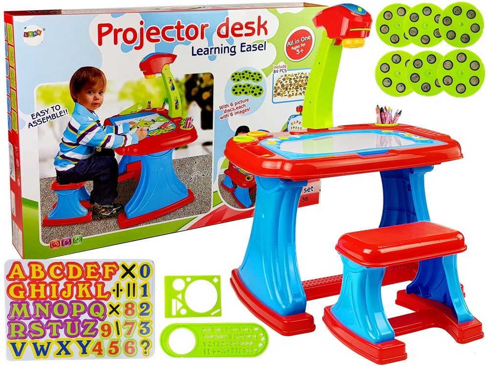 Educational Table with Projector Chair Crayons Magnets Letters and Numbers