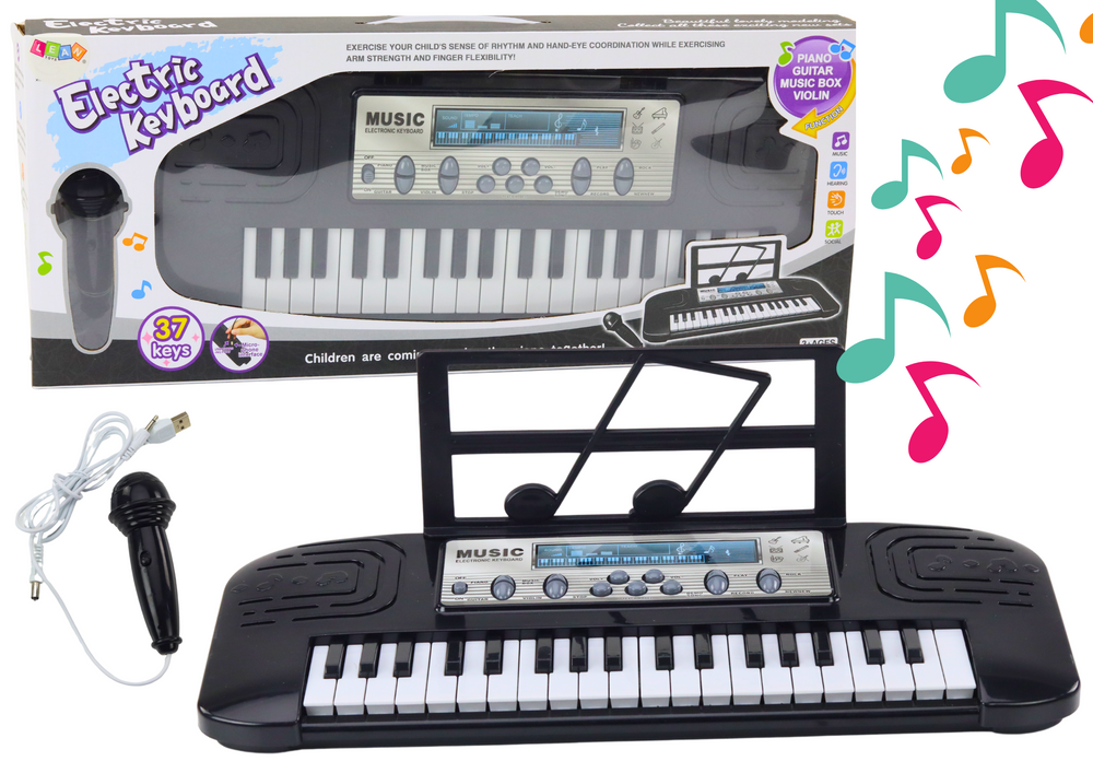 Electric Piano for Children, Microphone Stand, Black