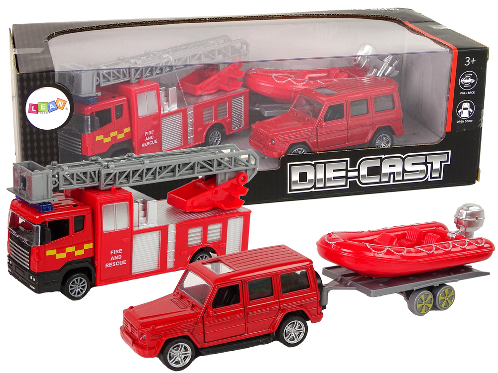 Fire brigade vehicle set pull motorboat Jeep Red