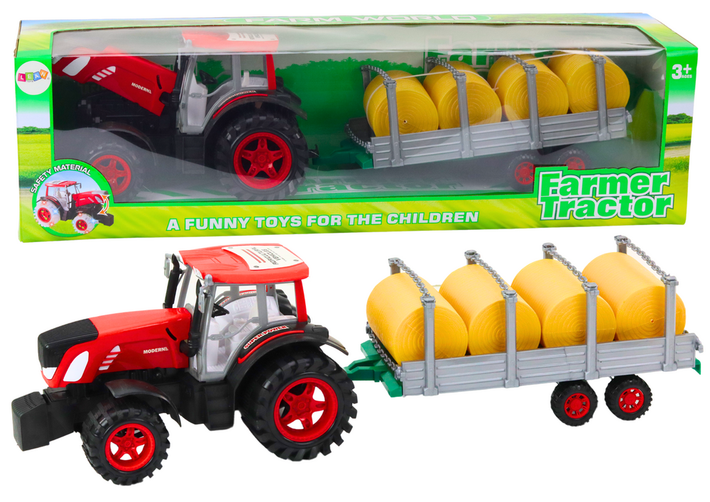 Large Farm Tractor With Trailer And Hay Bales Red Drive