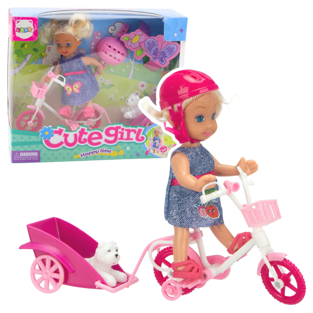 Mini Doll Bike Trailer Helmet White Dog Set