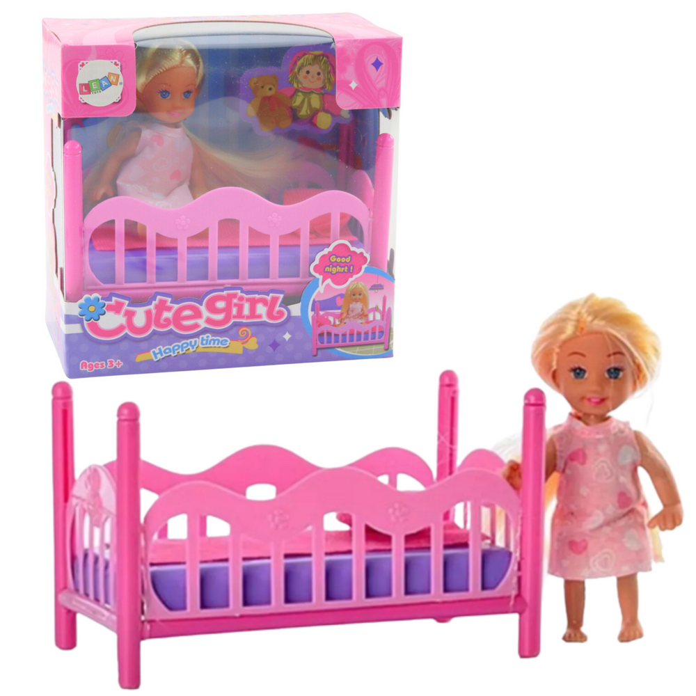 Mini Doll in Pajamas Set Pink Bed