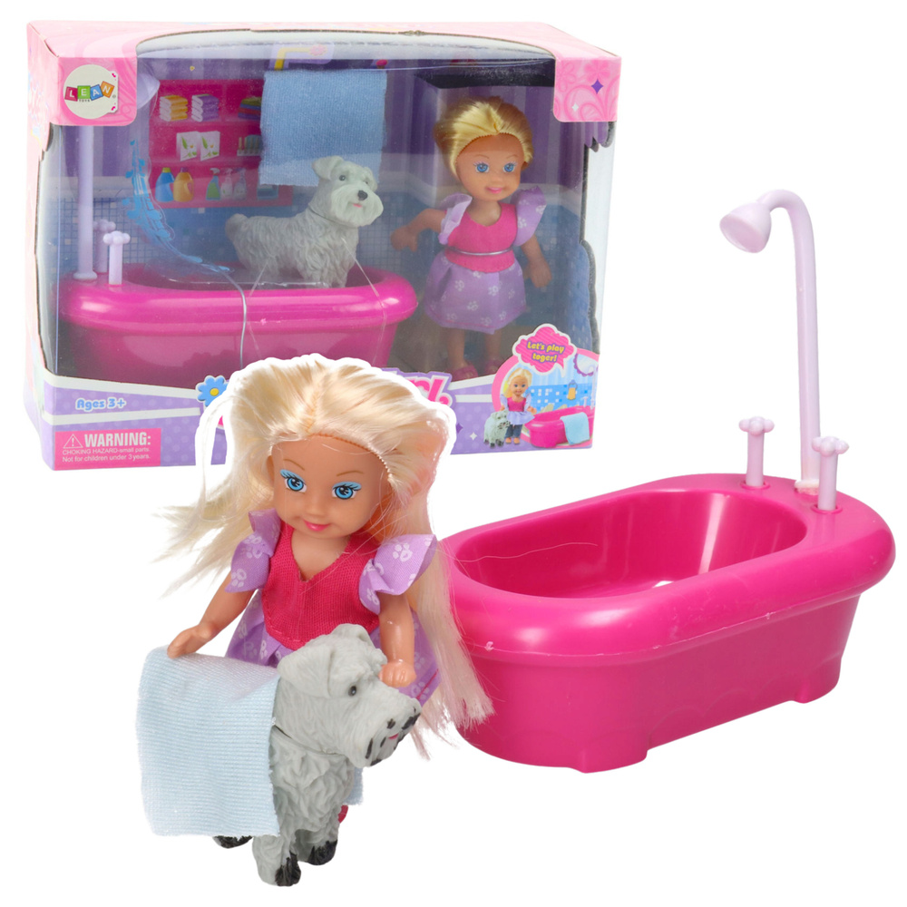 Mini Doll Set with Bathtub and White Dog Pink