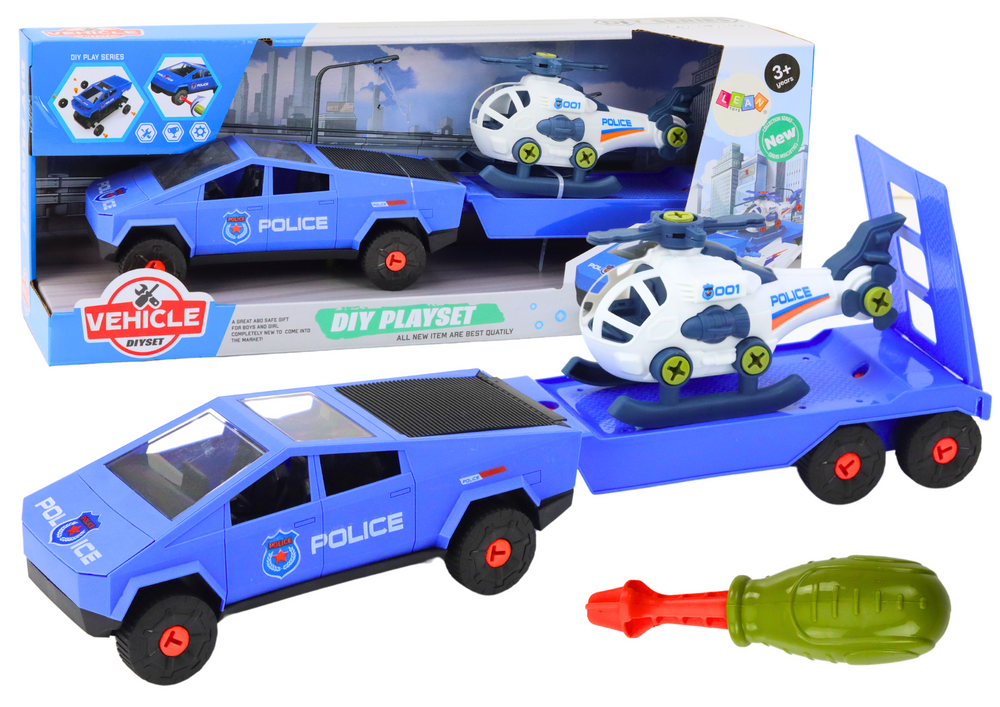 Modern Car Set with a Helicopter and a Tow Truck for Dismantling DIY Blue