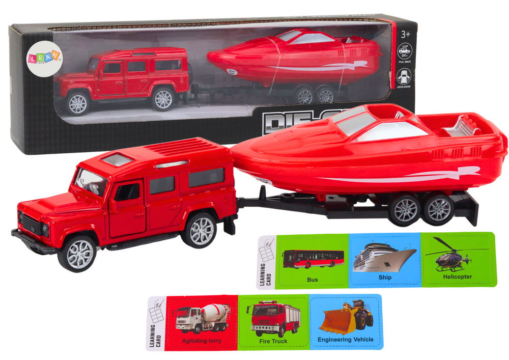 Off-road car with trailer and motorboat, red metal