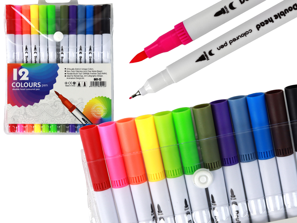 Set of 12 double-sided markers in different colors in an organizer