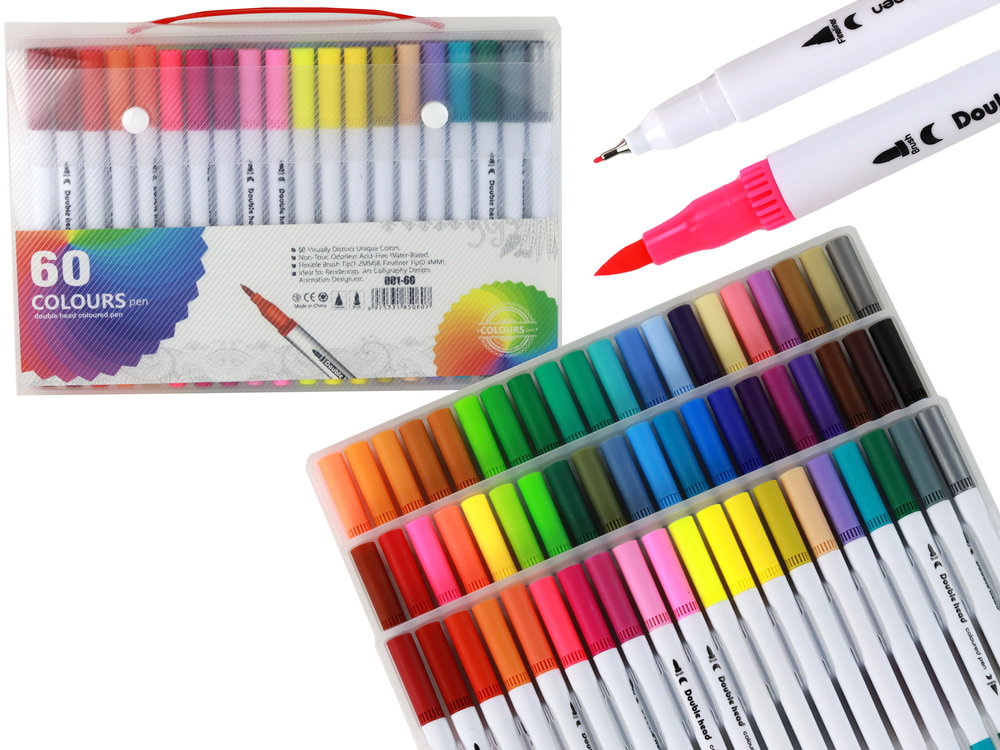 Set of 60 colored marker pens in an organizer