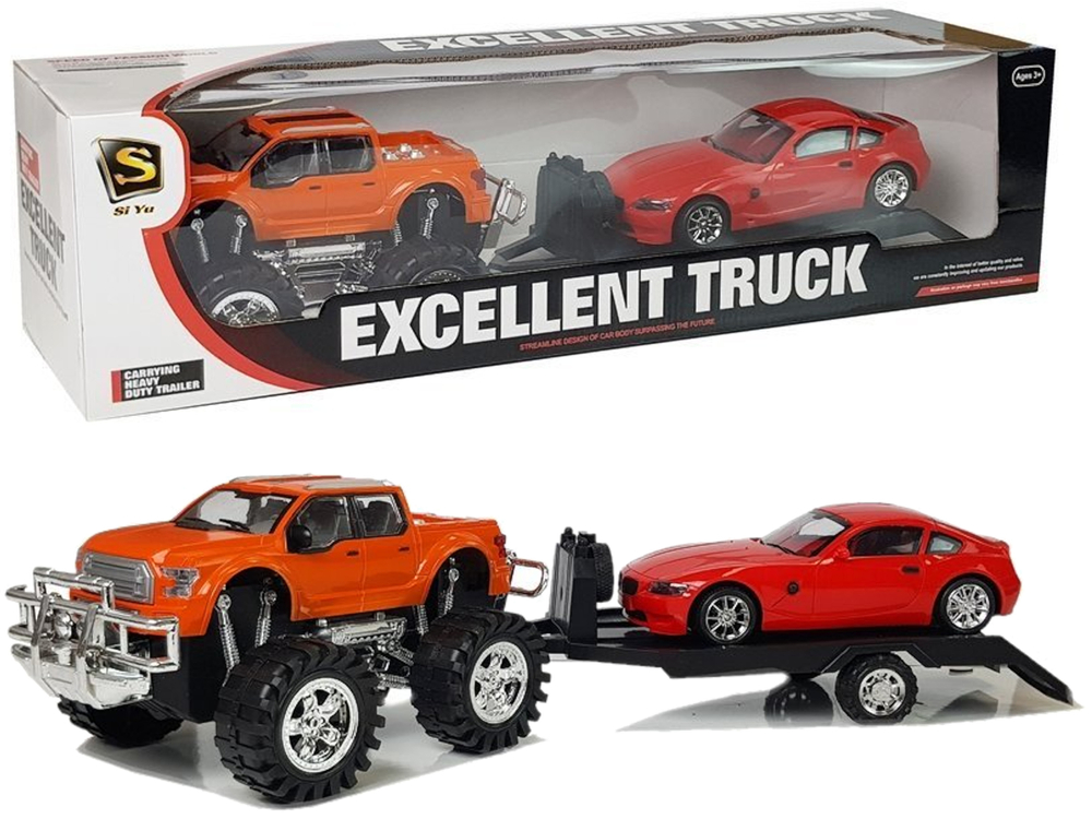 Set of Vehicles Orange Monster Truck Red BMW Caravan 58 cm