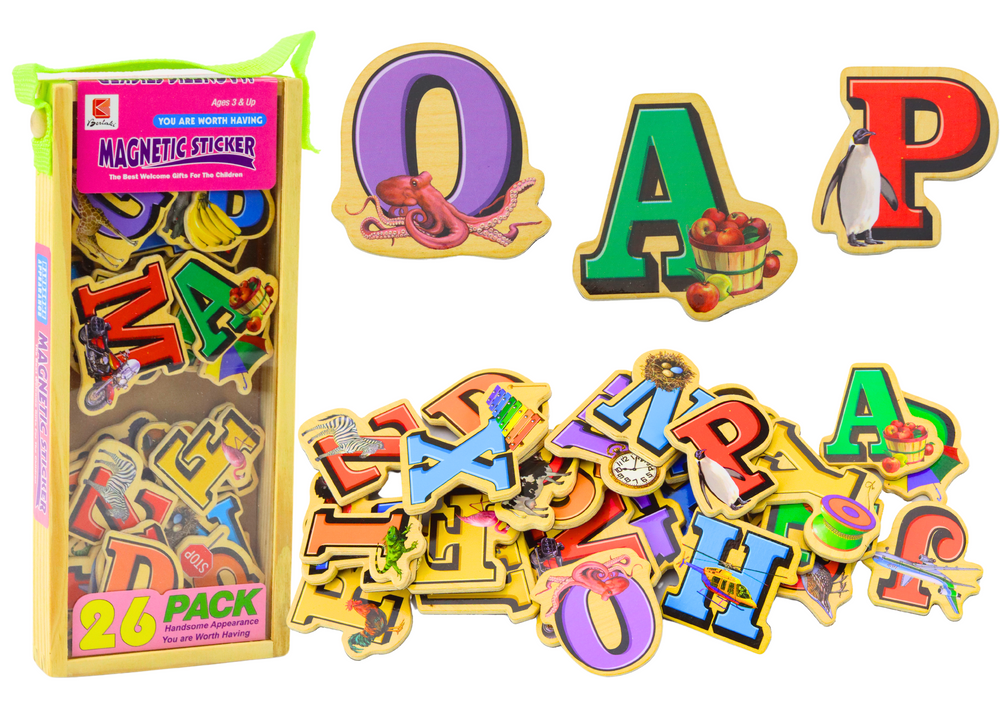 Set of Wooden Letters Pictures Magnets 26 Pieces