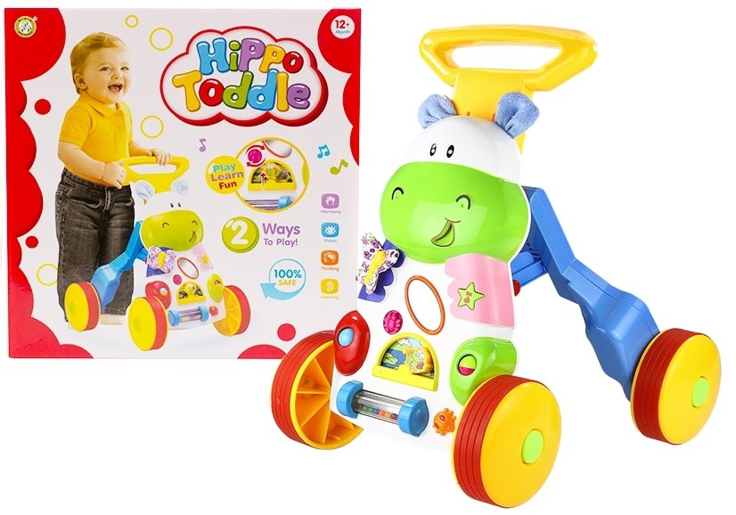 Toddler Baby Push Along Toy Hippo Sounds Rattles Crinkles Mirror