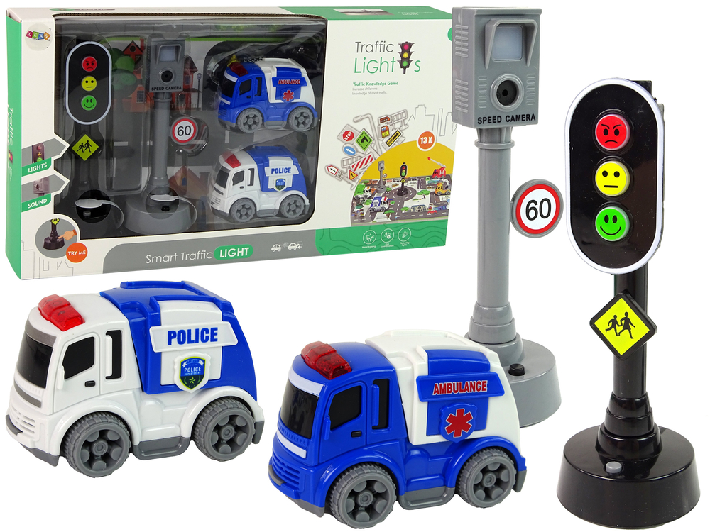 Set of Cars with Traffic Lights and Road Signs