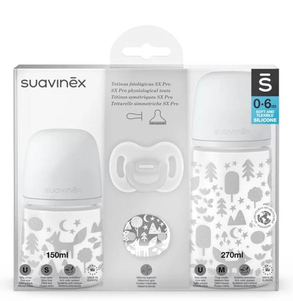 SUAVINEX ZESTAW BUTELKA 150ML + 270ML + SMOCZEK 0-6 ALL SILICONE + KLIPS